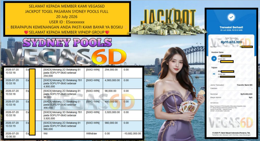 VEGAS6D JACKPOT TOGEL PASARAN SYDNEY POOLS FULL Rp 10.682.000,- LUNAS