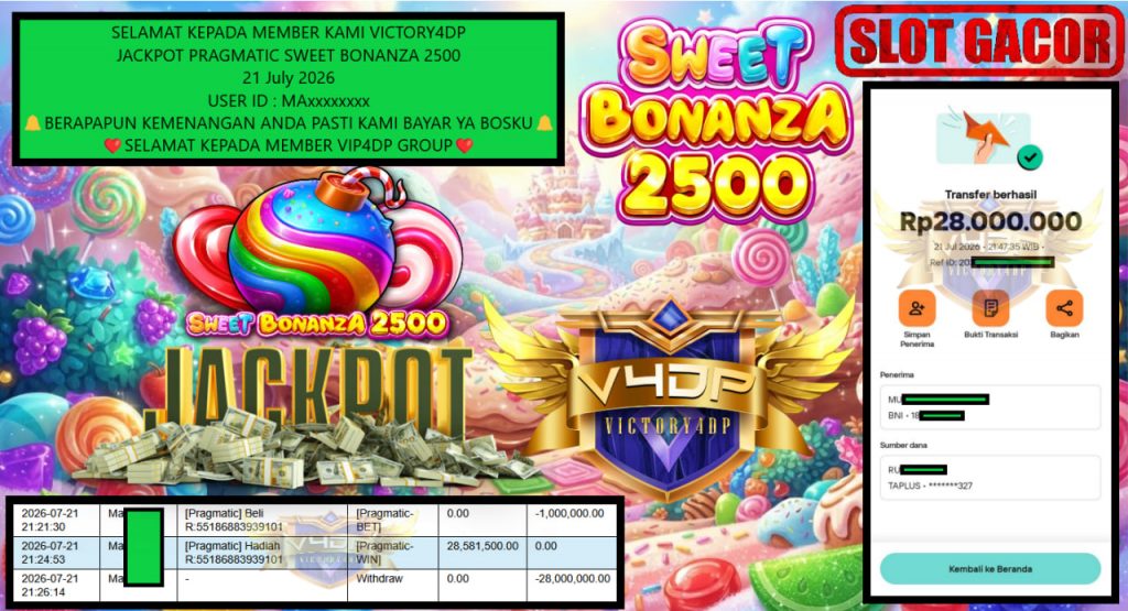 VICTORY4DP JACKPOT PRAGMATIC SWEET BONANZA 2500 Rp 28.000.000,- LUNAS