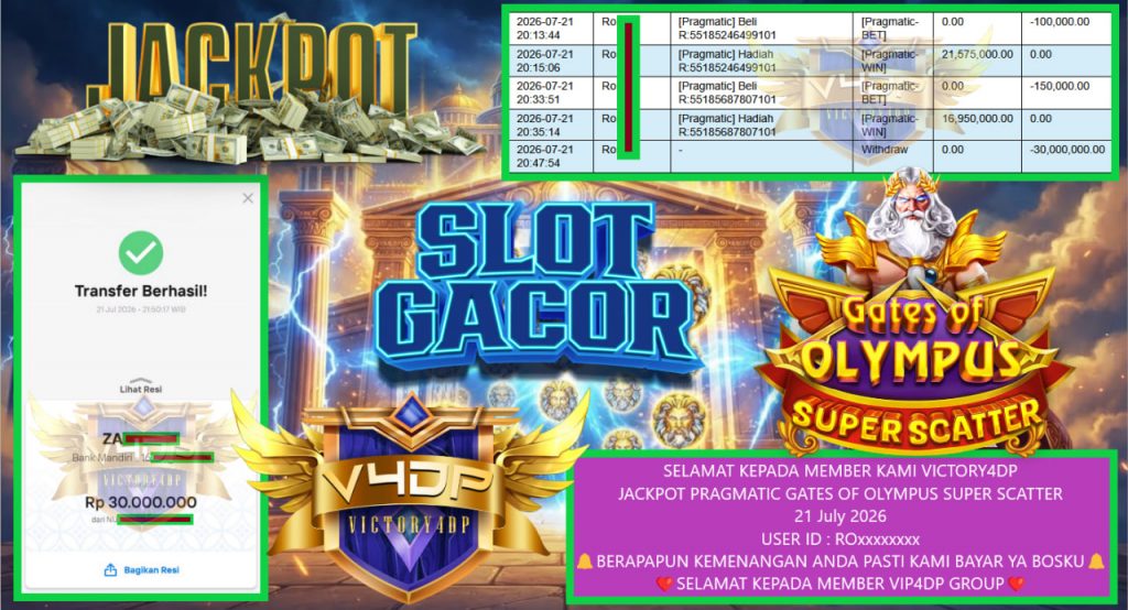 VICTORY4DP JACKPOT PRAGMATIC GATES OF OLYMPUS SUPER SCATTER Rp 30.000.000,- LUNAS