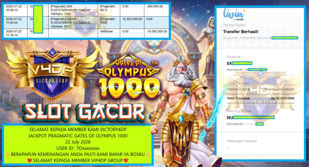 VICTORY4DP JACKPOT PRAGMATIC GATES OF OLYMPUS 1000 Rp 10.000.000,- LUNAS