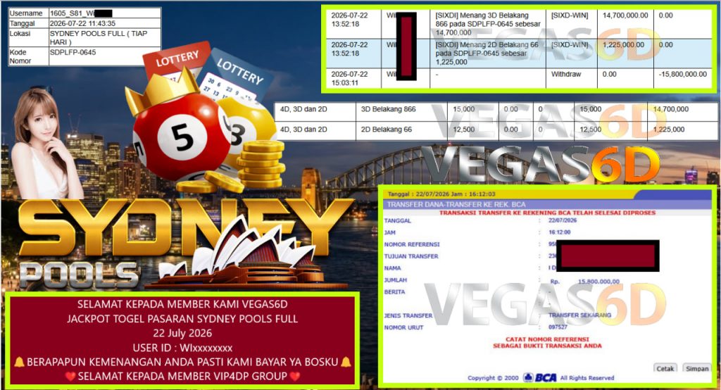 VEGAS6D JACKPOT TOGEL PASARAN SYDNEY POOLS FULL Rp 15.800.000,- LUNAS