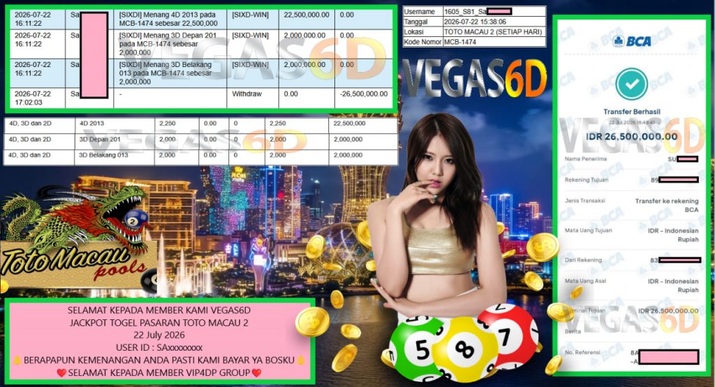 VEGAS6D JACKPOT TOGEL PASARAN TOTO MACAU 2 Rp 26.500.000,- LUNAS