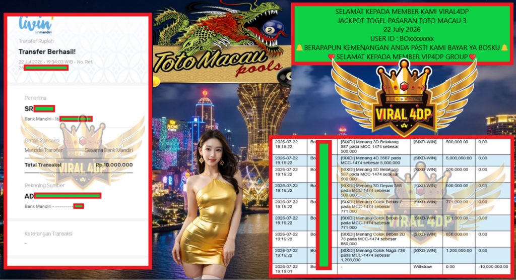VIRAL4DP JACKPOT TOGEL PASARAN TOTO MACAU 3 Rp 10.000.000,- LUNAS