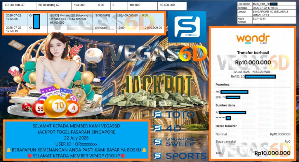 VEGAS6D JACKPOT TOGEL PASARAN SINGAPORE Rp 10.000.000,- LUNAS