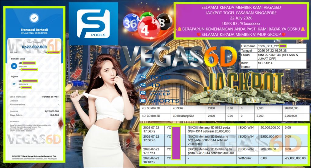 VEGAS6D JACKPOT TOGEL PASARAN SINGAPORE Rp 22.000.000,- LUNAS