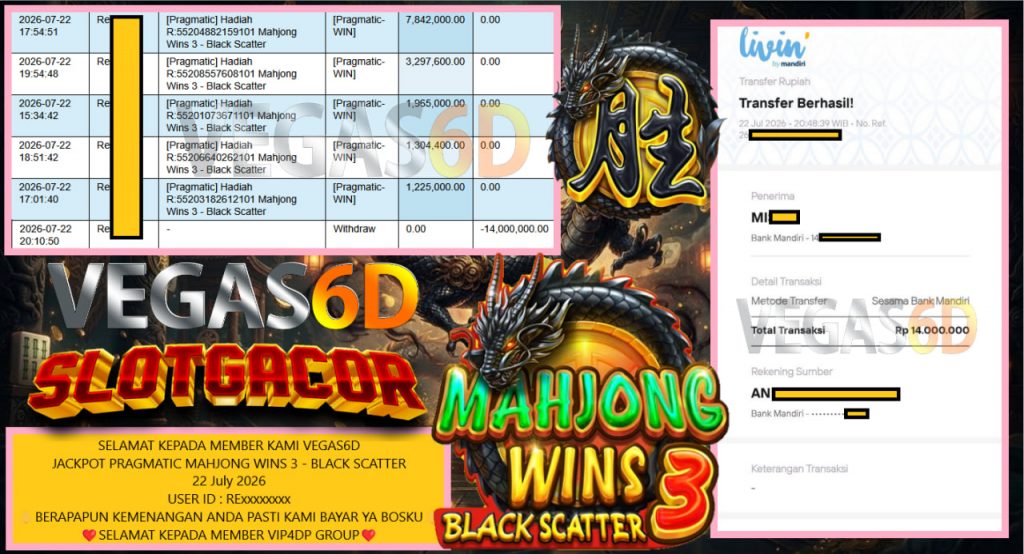 VEGAS6D JACKPOT PRAGMATIC MAHJONG WINS 3 – BLACK SCATTER Rp 14.000.000,- LUNAS