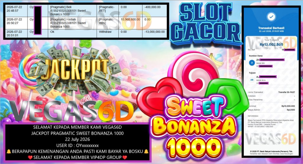 VEGAS6D JACKPOT PRAGMATIC SWEET BONANZA 1000 Rp 13.000.000,- LUNAS