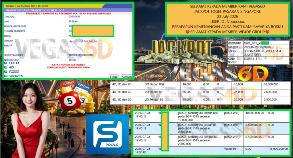 VEGAS6D JACKPOT TOGEL PASARAN SINGAPORE Rp 15.000.000,- LUNAS