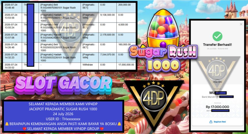 VIP4DP JACKPOT PRAGMATIC SUGAR RUSH 1000 Rp 17.000.000,- LUNAS