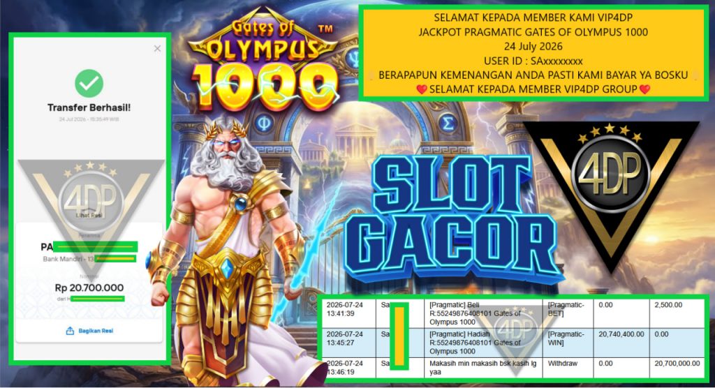 VIP4DP JACKPOT PRAGMATIC GATES OF OLYMPUS 1000 Rp 20.700.000,- LUNAS