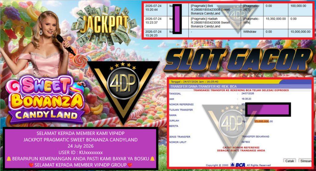 VIP4DP JACKPOT PRAGMATIC SWEET BONANZA CANDYLAND Rp 15.000.000,- LUNAS