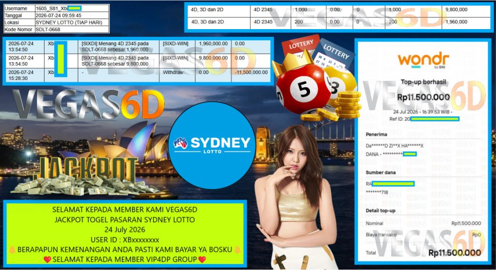 VEGAS6D JACKPOT TOGEL PASARAN SYDNEY LOTTO Rp 11.500.000,- LUNAS