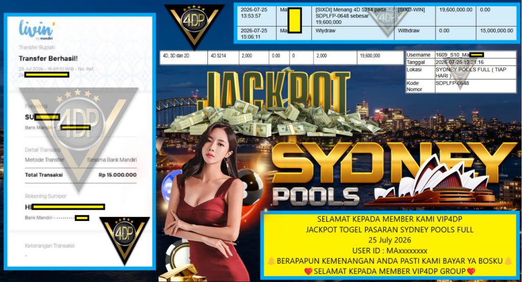 VIP4DP JACKPOT TOGEL PASARAN SYDNEY POOLS FULL Rp 15.000.000,- LUNAS