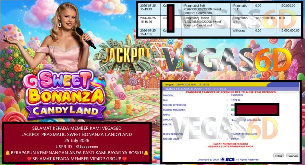 VEGAS6D JACKPOT PRAGMATIC SWEET BONANZA CANDYLAND Rp 12.000.000,- LUNAS