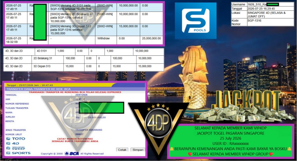 VIP4DP JACKPOT TOGEL PASARAN SINGAPORE Rp 25.000.000,- LUNAS