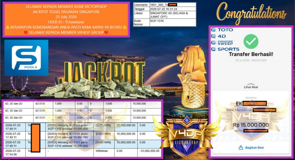 VICTORY4DP JACKPOT TOGEL PASARAN SINGAPORE Rp 27.000.000,- LUNAS