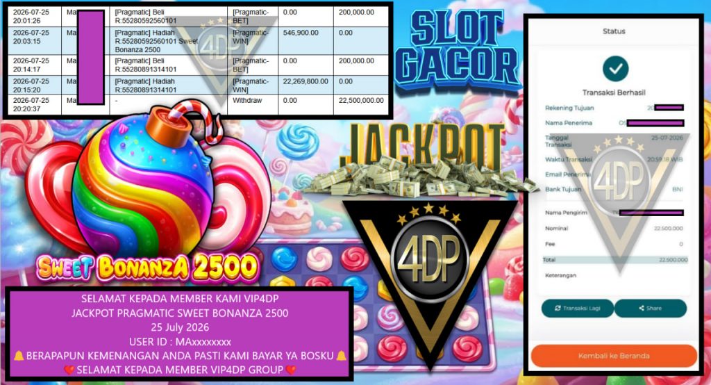 VIP4DP JACKPOT PRAGMATIC SWEET BONANZA 2500 Rp 22.500.000,- LUNAS