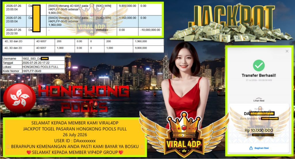 VIRAL4DP JACKPOT TOGEL PASARAN HONGKONG POOLS FULL Rp 10.000.000,- LUNAS