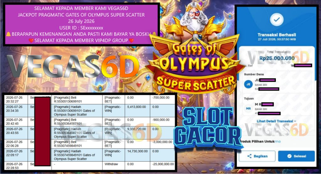VEGAS6D JACKPOT PRAGMATIC GATES OF OLYMPUS SUPER SCATTER Rp 25.000.000,- LUNAS