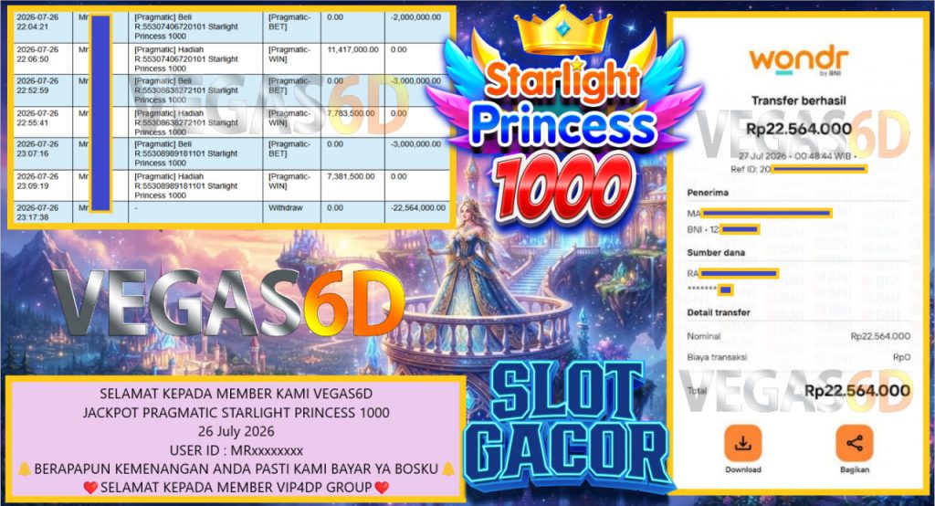 VEGAS6D JACKPOT PRAGMATIC STARLIGHT PRINCESS 1000 Rp 22.564.000,- LUNAS