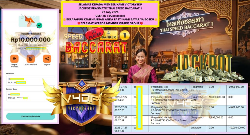 VICTORY4DP JACKPOT PRAGMATIC THAI SPEED BACCARAT 1 Rp 10.000.000,- LUNAS