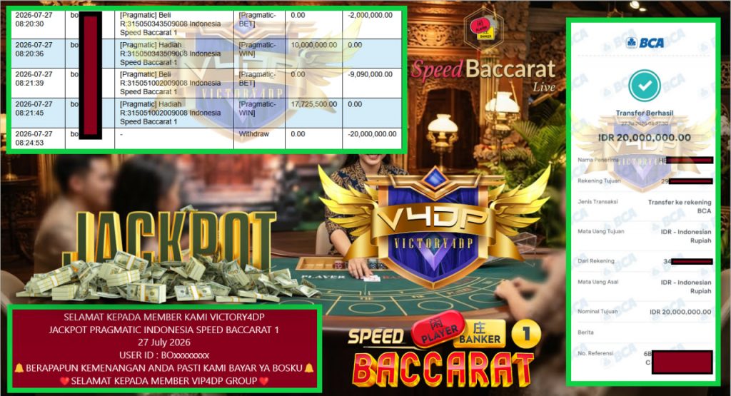 VICTORY4DP JACKPOT PRAGMATIC INDONESIA SPEED BACCARAT 1 Rp 20.000.000,- LUNAS