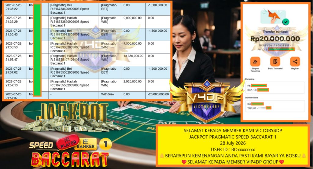 VICTORY4DP JACKPOT PRAGMATIC SPEED BACCARAT 1 Rp 20.000.000,- LUNAS
