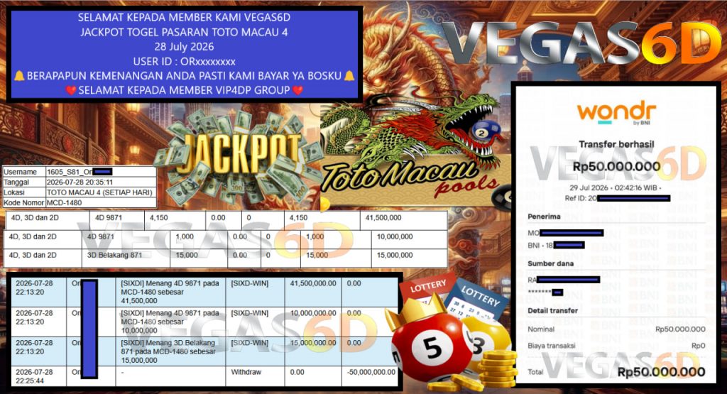 VEGAS6D JACKPOT TOGEL PASARAN TOTO MACAU 4 Rp 50.000.000,- LUNAS