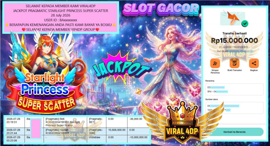 VIRAL4DP JACKPOT PRAGMATIC STARLIGHT PRINCESS SUPER SCATTER Rp 15.000.000,- LUNAS