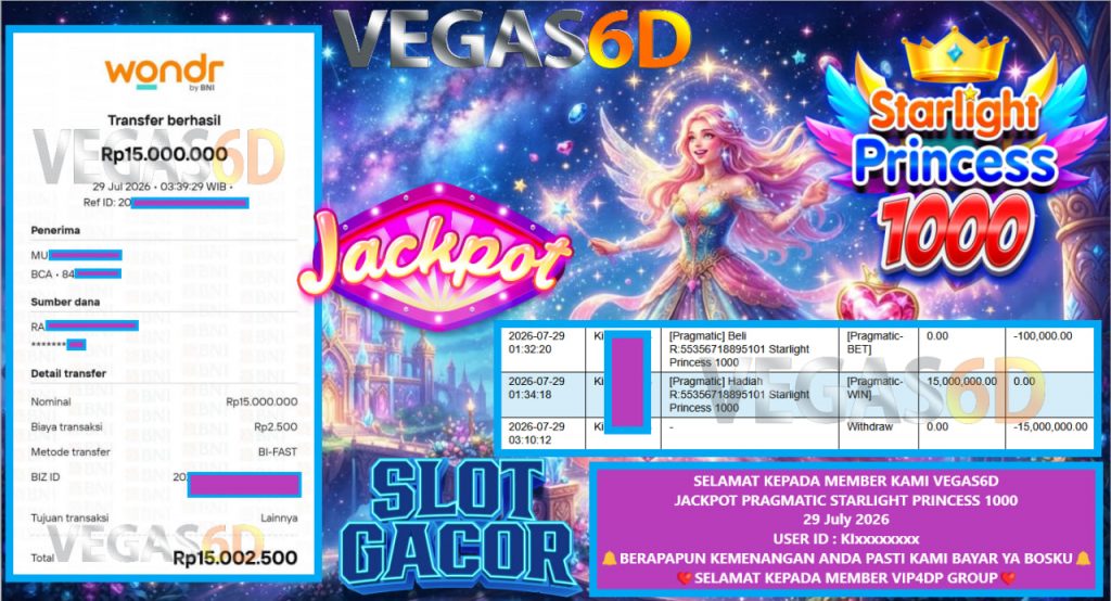 VEGAS6D JACKPOT PRAGMATIC STARLIGHT PRINCESS 1000 Rp 15.000.000,- LUNAS