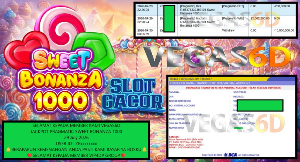 VEGAS6D JACKPOT PRAGMATIC SWEET BONANZA 1000 Rp 15.000.000,- LUNAS