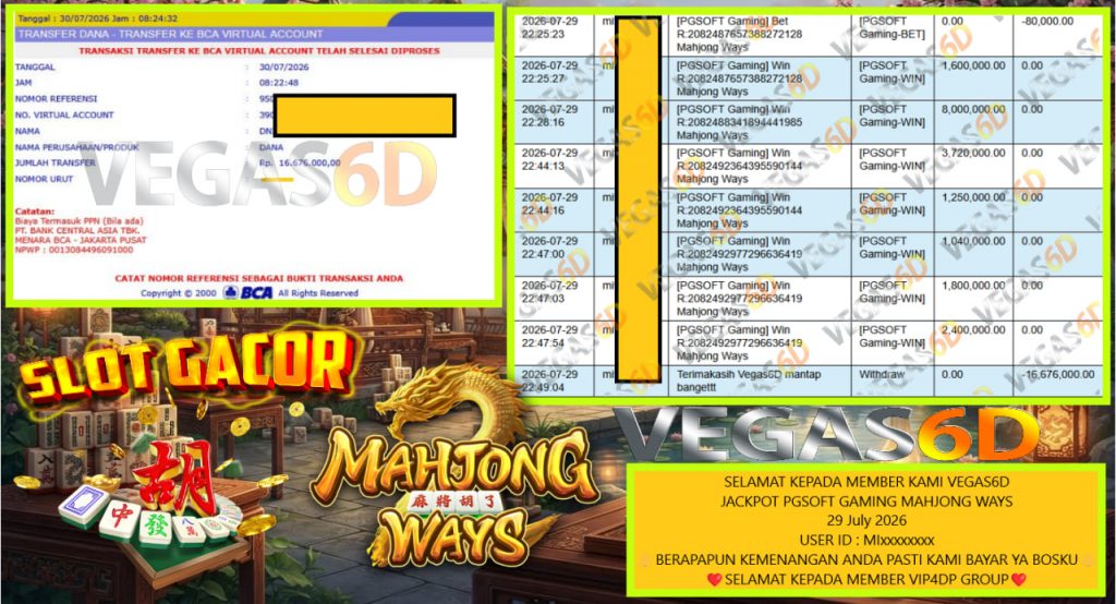VEGAS6D JACKPOT PGSOFT GAMING MAHJONG WAYS Rp 16.676.000,- LUNAS