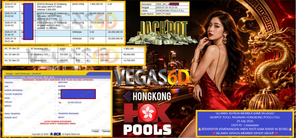 VEGAS6D JACKPOT TOGEL PASARAN HONGKONG POOLS FULL Rp 100.000.000,- LUNAS