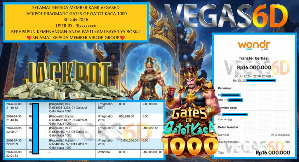 VEGAS6D JACKPOT PRAGMATIC GATES OF GATOT KACA 1000 Rp 16.000.000,- LUNAS