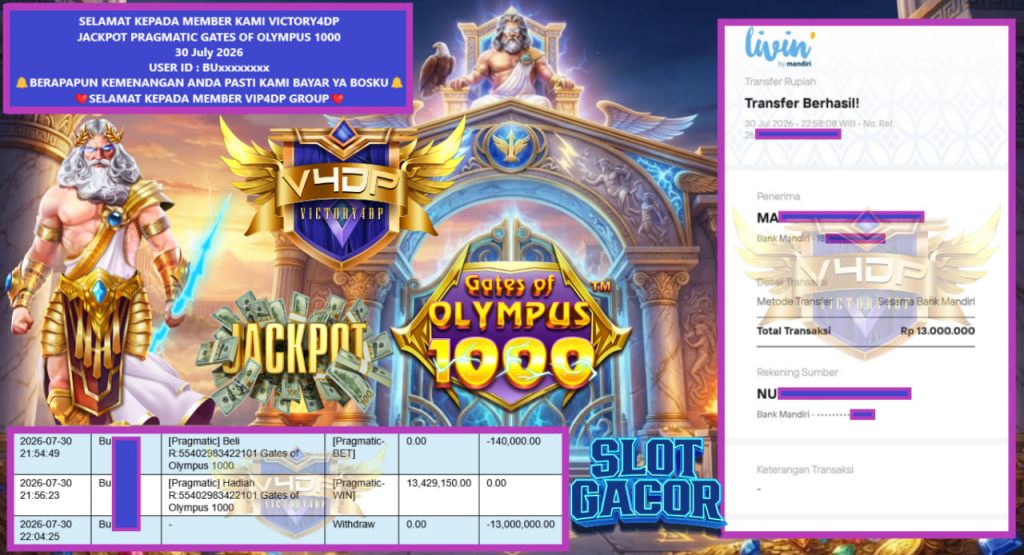 VICTORY4DP JACKPOT PRAGMATIC GATES OF OLYMPUS 1000 Rp 13.000.000,- LUNAS