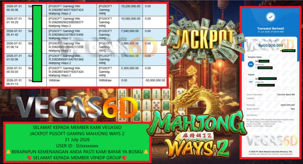 VEGAS6D JACKPOT PGSOFT GAMING MAHJONG WAYS 2 Rp 50.000.000,- LUNAS