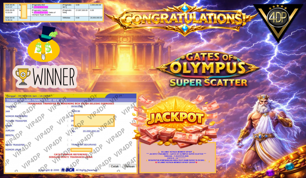 VIP4DP JACKPOT PRAGMATIC ” GATES OF OLYMPUS SUPER SCATTER ” Rp20.000.000,- LUNAS