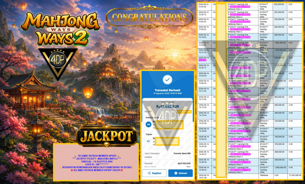 VIP4DP JACKPOT PGSOFT ” MAHJONG WAYS 2 ” Rp17.032.000,- LUNAS