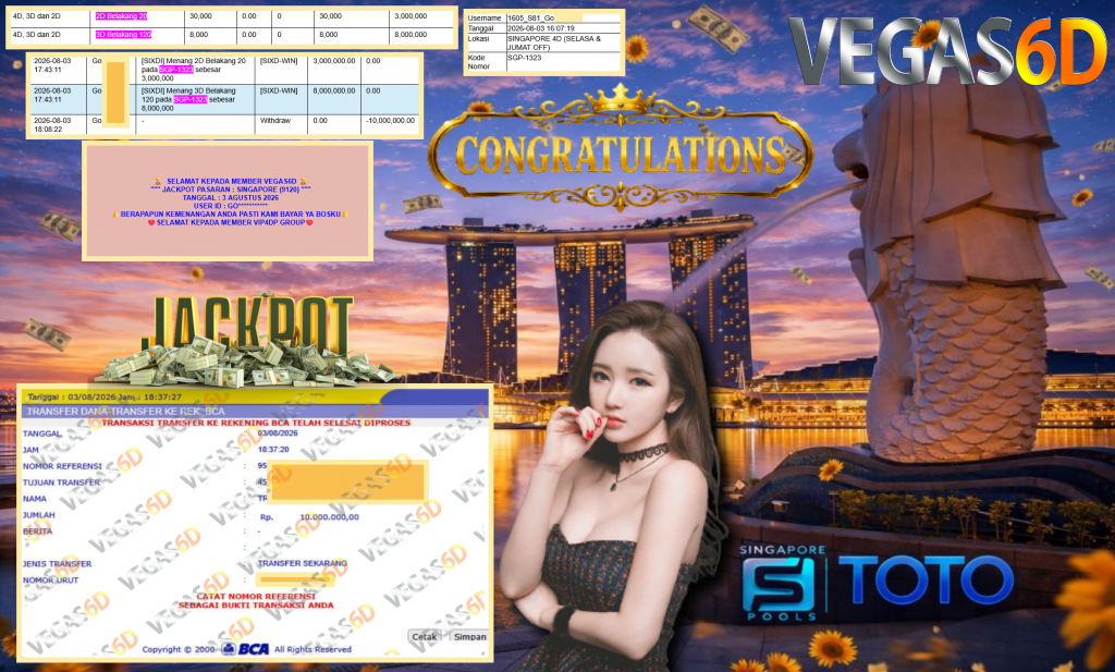 VEGAS6D JACKPOT PASARAN ” SINGAPORE (9120) ” Rp10.000.000,- LUNAS