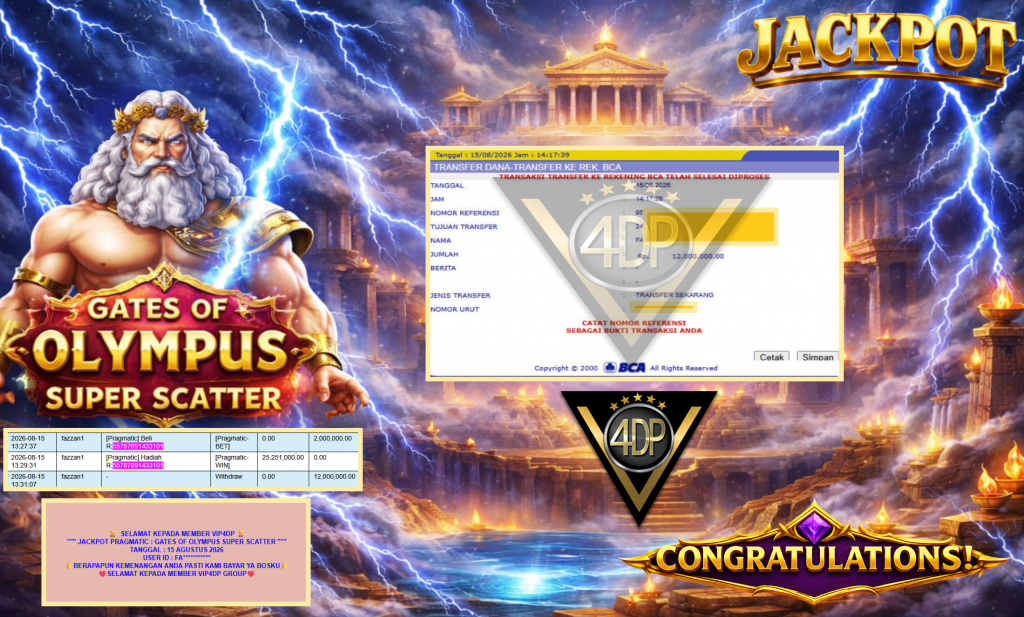VIP4DP JACKPOT PRAGMATIC ” GATES OF OLYMPUS SUPER SCATTER ” Rp12.000.000,- LUNAS