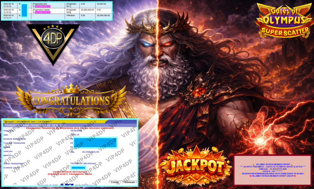 VIP4DP JACKPOT PRAGMATIC ” GATES OF OLYMPUS SUPER SCATTER ” Rp20.000.000,- LUNAS