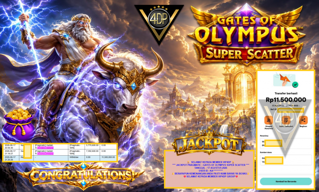 VIP4DP JACKPOT PRAGMATIC ” GATES OF OLYMPUS SUPER SCATTER ” Rp11.500.000,- LUNAS