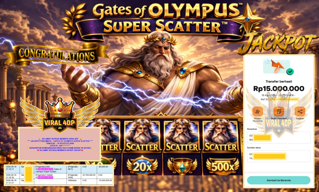 VIRAL4DP JACKPOT PRAGMATIC ” GATES OF OLYMPUS SUPER SCATTER ” Rp15.000.000,- LUNAS