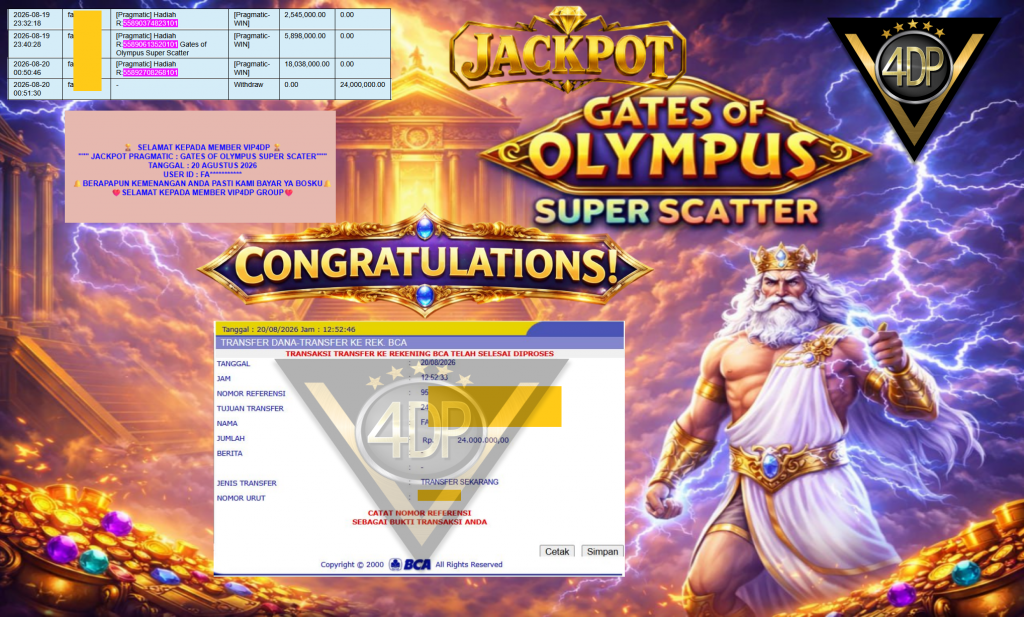 VIP4DP JACKPOT PRAGMATIC ” GATES OF OLYMPUS SUPER SCATTER ” Rp24.000.000,- LUNAS