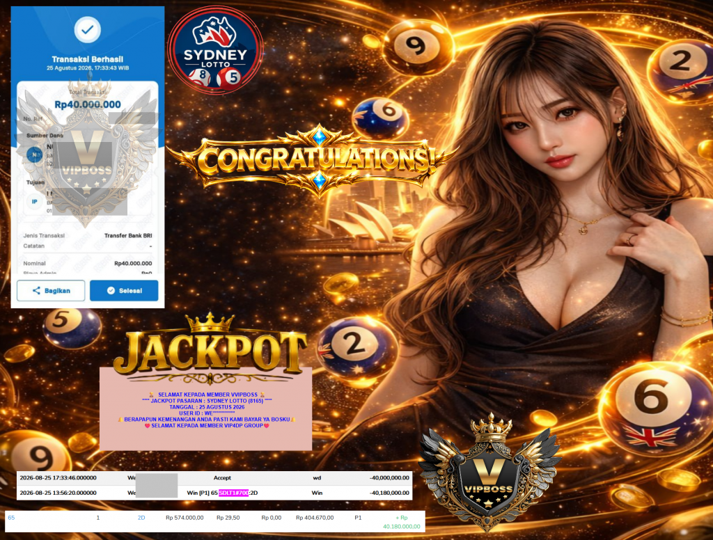 VVIPBOSS JACKPOT PASARAN β SYDNEY LOTTO (8165) β Rp40.000.000,- LUNAS