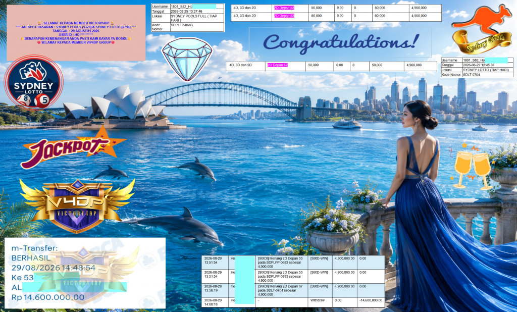 VICTORY4DP JACKPOT PASARAN ” SYDNEY POOLS (5323) & SYDNEY LOTTO (6796) ” Rp14.600.000,- LUNAS