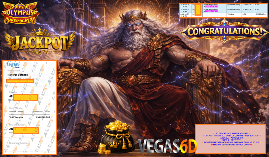 VEGAS6D JACKPOT PRAGMATIC ” GATES OF OLYMPUS SUPER SCATTER ” Rp22.382.000,- LUNAS