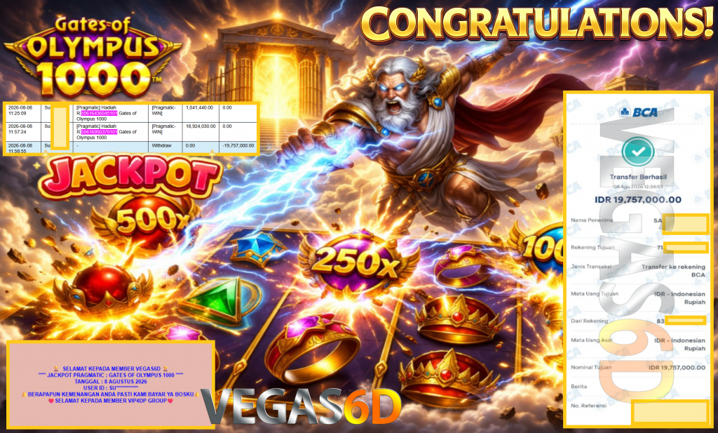 VEGAS6D JACKPOT PRAGMATIC ” GATES OF OLYMPUS 1000 ” Rp19.757.000,- LUNAS