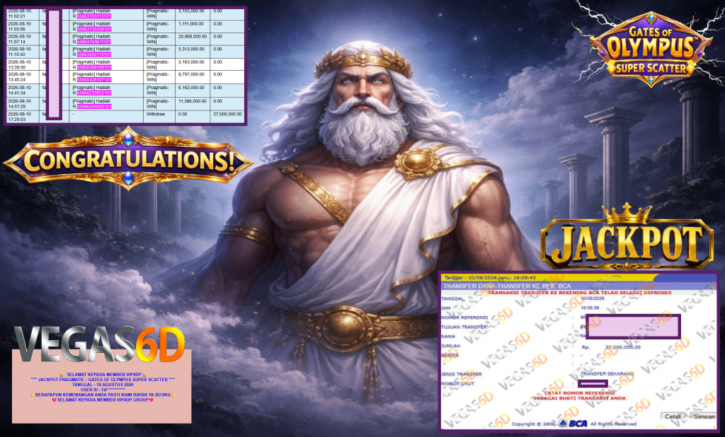 VIP4DP JACKPOT PRAGMATIC ” GATES OF OLYMPUS SUPER SCATTER ” Rp27.000.000,- LUNAS