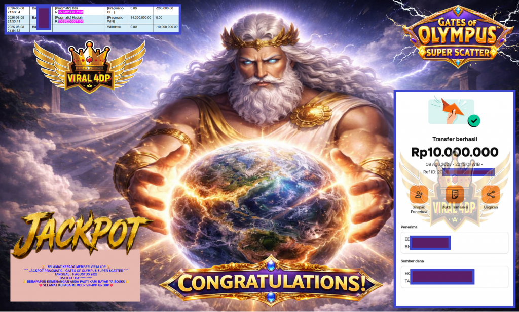 VIRAL4DP JACKPOT PRAGMATIC ” GATES OF OLYMPUS SUPER SCATTER ” Rp10.000.000,- LUNAS
